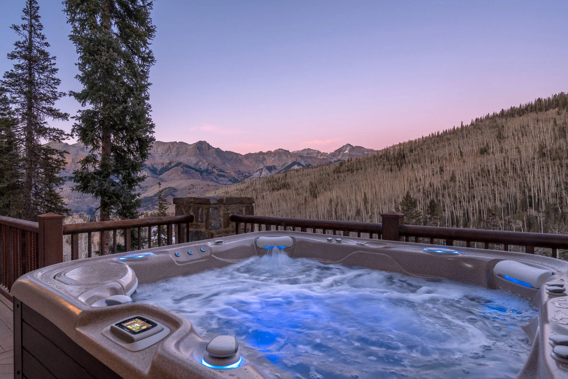 A sunset view from a hot tub