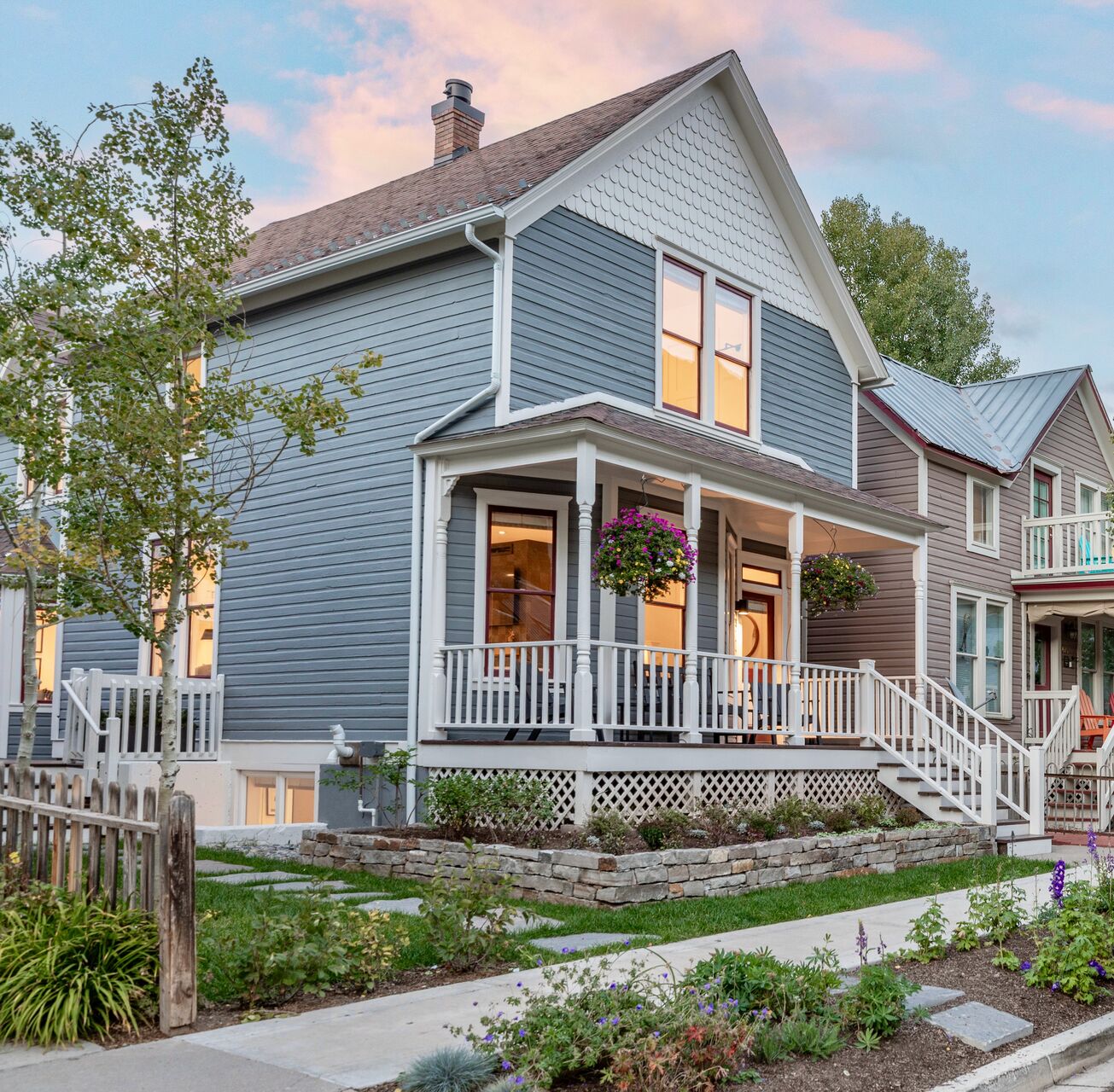 Telluride Vacation Rental Properties The front exterior of a Telluride vacation rental property, at sunset