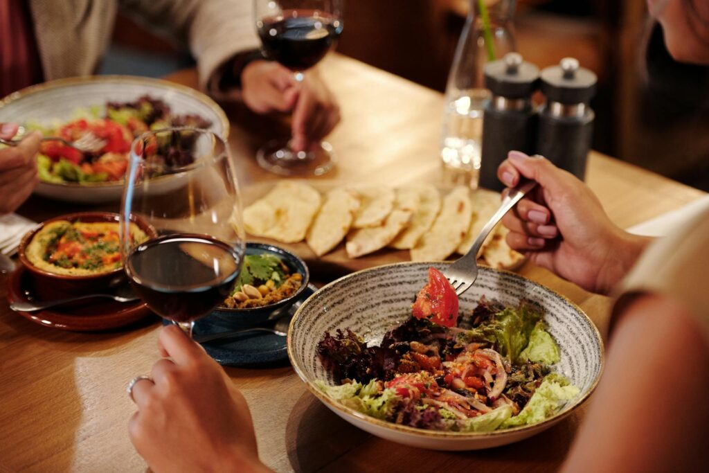 A table with food and wine