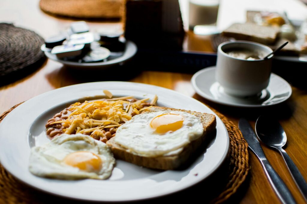 A breakfast plate with coffee