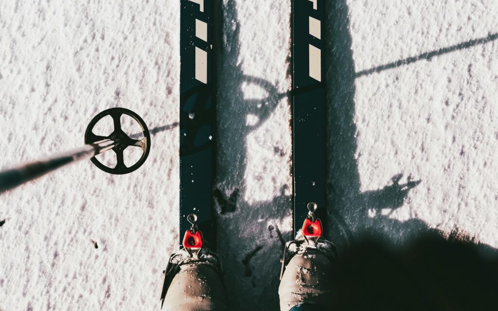 A view of skis and a skiing pole